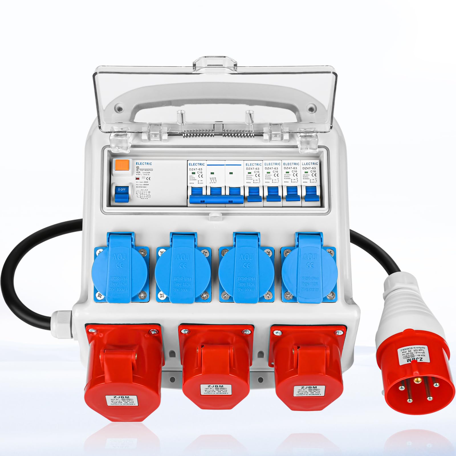 Warmfay Wandverteiler Baustrom - CEE 16A/32A, 4x 230V, FI/LS IP67. Robuster, wetterfester Stromverteiler mit FI/LS für Baustellen.