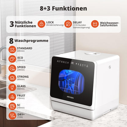 AIRMSEN TDQR09 Mini Geschirrspüler mit 5L Tank und Enthärtungssystem