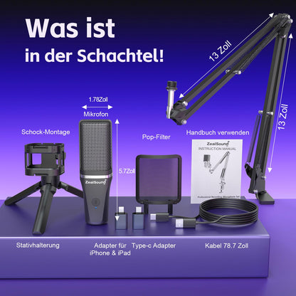 zealsound A68S USB-Gaming-Mikrofon Set mit Boomarm und Tischstativ
