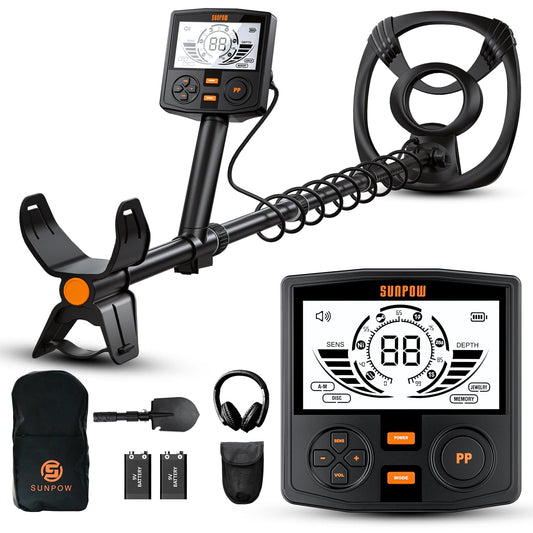 SUNPOW Profi Metalldetektor Set – DSP Chip, 30cm Spule: Schwarzer Detektor zur Metallsuche im Boden.