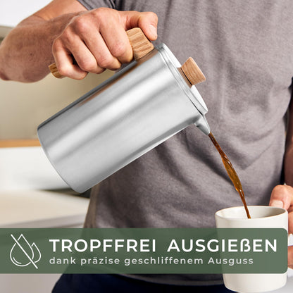 WALDWERK French Press 1L – Kaffeebereiter Edelstahl, Eichenholz