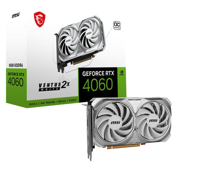 MSI GeForce RTX 4060 VENTUS 2X WHITE 8G OC Grafikkarte, weißes Modell mit zwei Lüftern. Berechnet Grafiken für Gaming und 3D-Anwendungen.