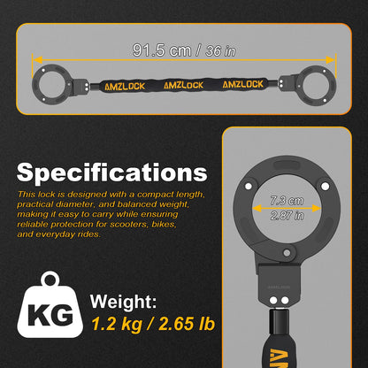 AMZLOCK Handschellenschloss AMZ009, 90 cm Kettenschloss für E-Scooter