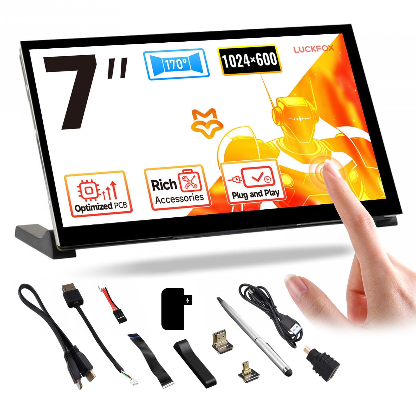 LUCKFOX Raspberry Pi 5 Touchscreen Display 7 Zoll 1024x600 IPS. Rechteckiges 7-Zoll-IPS-Touchscreen zur Pi 5-Bedienung.