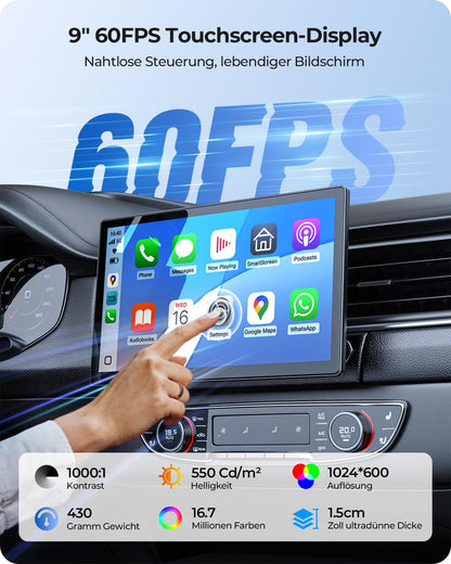 Krunia 9 Zoll Drahtloses CarPlay & Android Auto Display - tragbar