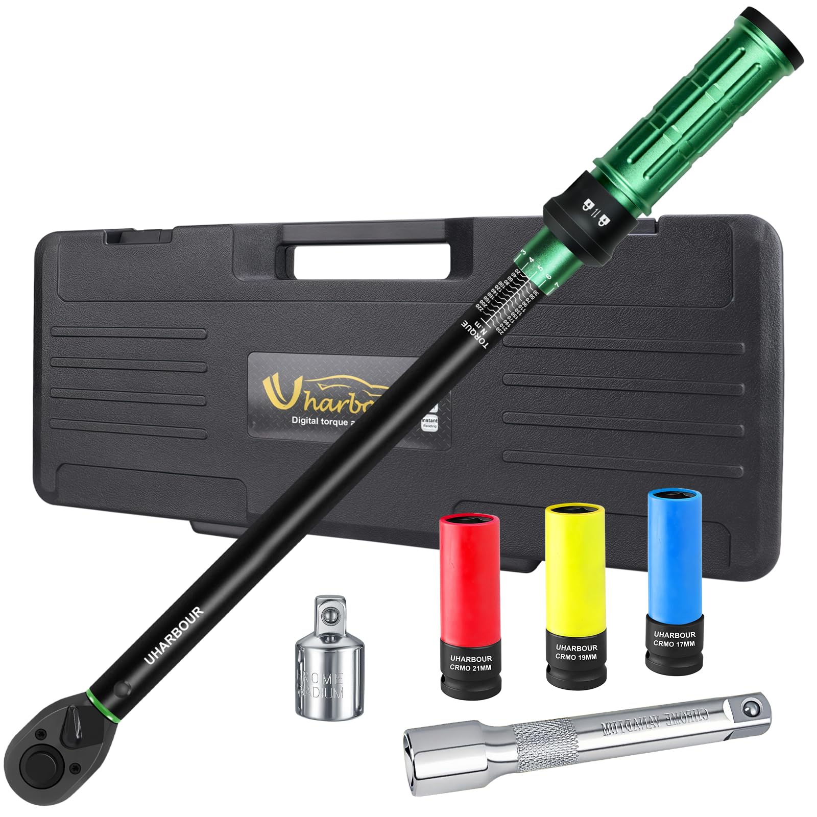 Uharbour Drehmomentschlüssel 1/2 Zoll, 20-230 Nm, 6-teiliges Set aus Chrom-Vanadium-Stahl, grün