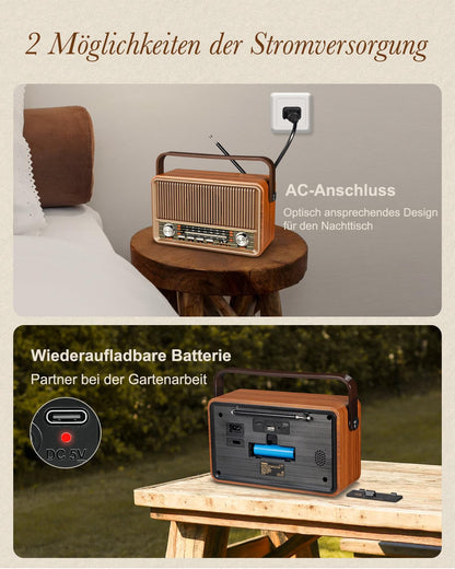 PRUNUS J-120 Retro Radio mit Bluetooth, AM/FM/SW Kofferradio mit Akku