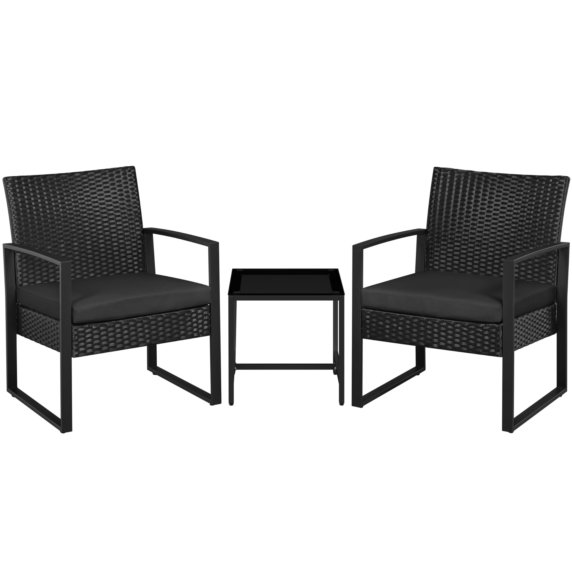 Yaheetech Balkonmöbel Set 3-teilig, Polyrattan Sitzgruppe Schwarz mit Glastisch