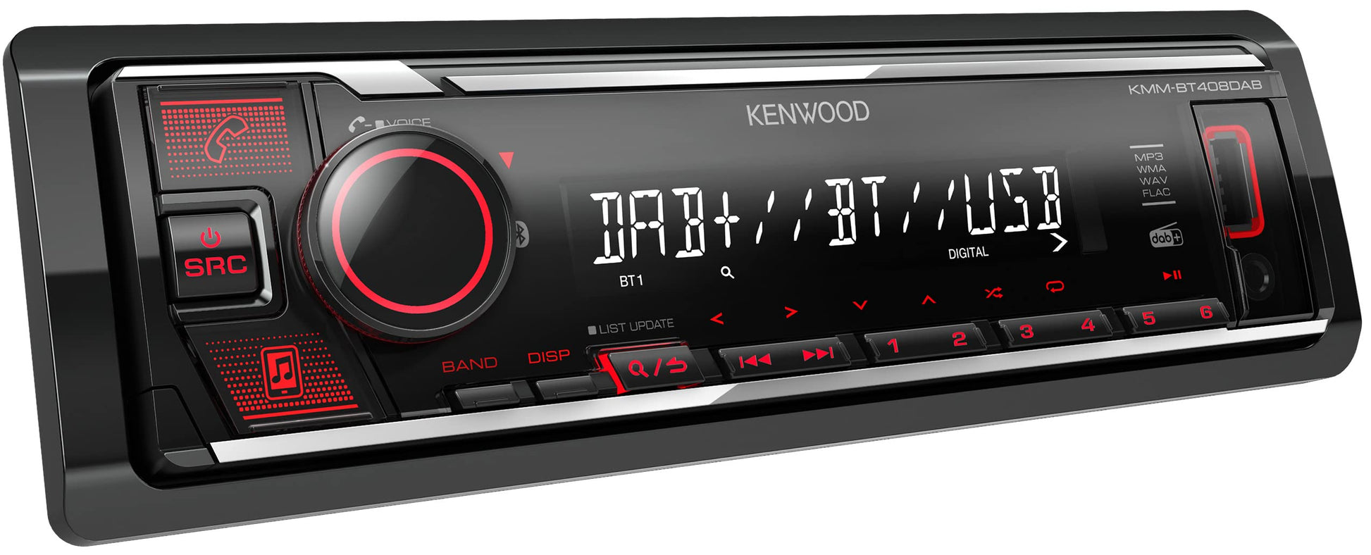 Kenwood KMM-BT408DAB USB-Autoradio DAB+ Bluetooth Freisprecheinrichtung: Schwarzes 1-DIN-Gerät zur Audio-Wiedergabe und Freisprechen.
