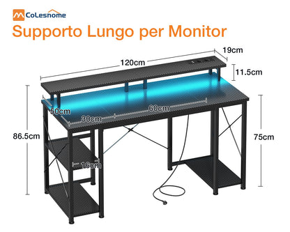 Coleshome Gaming Schreibtisch LED 120x50cm – Schwarz, Steckdosen, Monitorständer