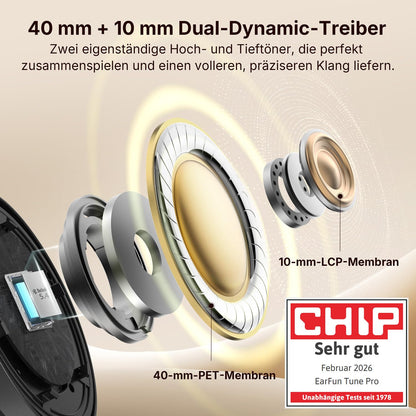 EarFun Tune Pro Over-Ear-Kopfhörer kabellos mit ANC, 120 Std. Akku