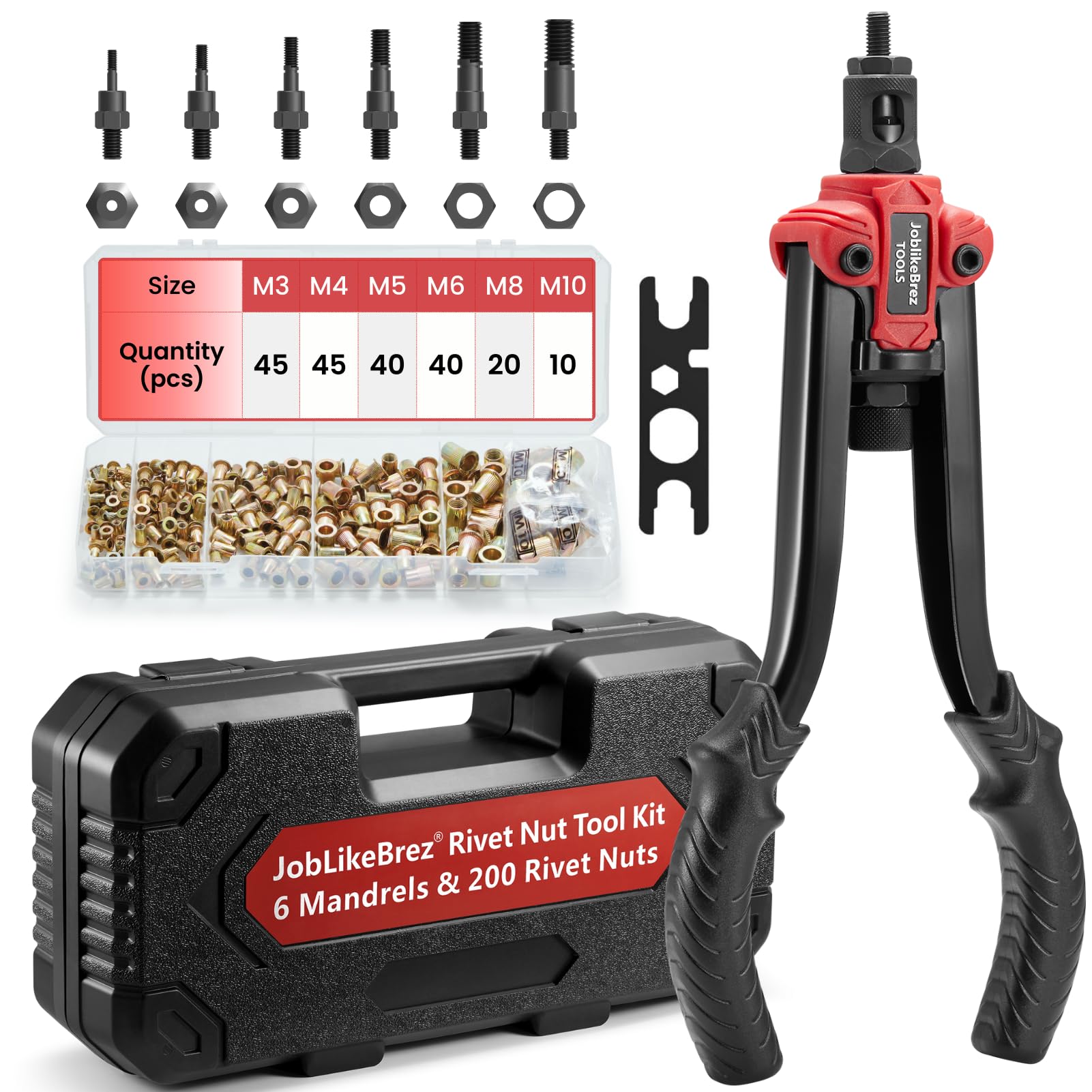 Joblikebrez Nietmutternzange Set - M3-M10 Dorne, 200 Muttern. Robuste Nietmutternzange zum Setzen von Nietmuttern für Gewindeverbindungen.