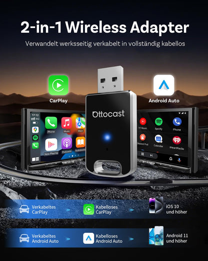 OTTOCAST Mini Edge 2025 Upgraded – 2-in-1 Kabelloser CarPlay & AA Adapter