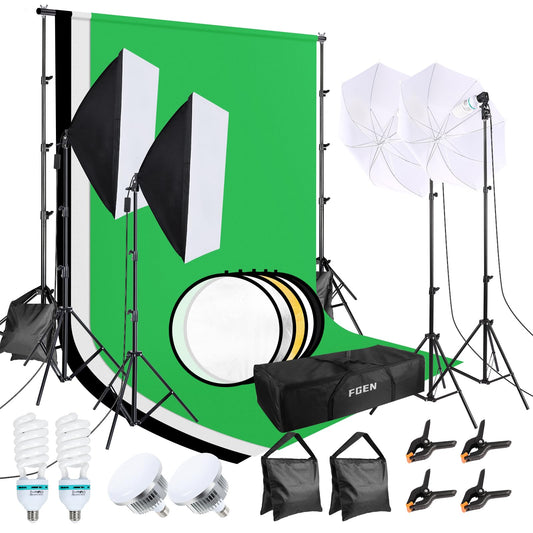 FGen Fotostudio Greenscreen Set 2.6x3M – Mit Beleuchtung. Grüner Hintergrundtuch mit Stativ/Licht. Zum Chroma Keying in Video/Foto.