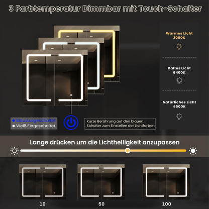 DICTAC Spiegelschrank mit LED-Beleuchtung und Steckdose, 80 cm, weiss