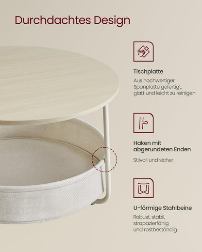VASAGLE Couchtisch LCT244K01 rund mit Stauraum, naturbeige-cremeweiss