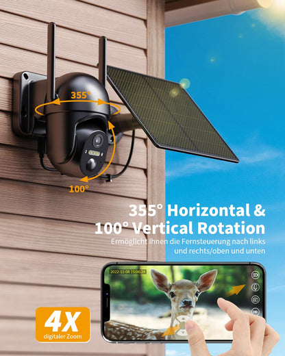 NUASI 4G LTE Überwachungskamera Aussen Solar Akku 2K PTZ IP66