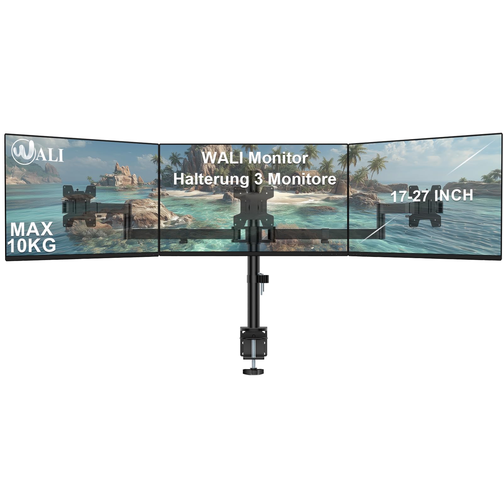 WALI M003S Monitorhalterung 3 Monitore – 27 Zoll Schwarz. VESA-Tischhalterung mit Schwenkarmen zur Befestigung von Monitoren an Tischklemme/Grommet.