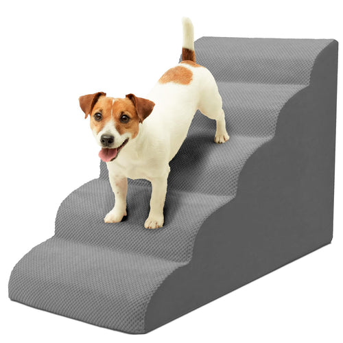 Niubya Hundetreppe für kleine Hunde, 5 Stufen, 62 cm, grau – Schaumstofftreppe mit Textilbezug für Bett und Sofa