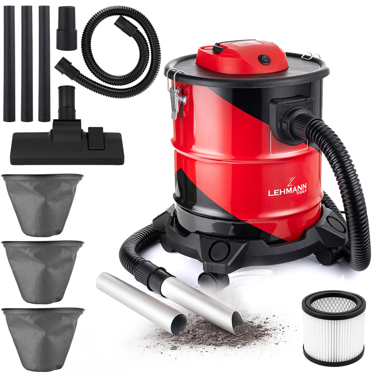 LEHMANN Haddo Industriestaubsauger 2000W – Nass Trocken Aschesauger 20L. Robuster Trommelsauger für Nass-, Trocken- & Asche-Reinigung.