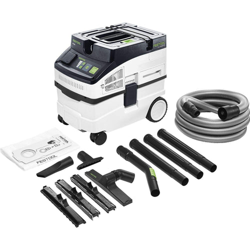 Festool Absaugmobil CT 15 E-Set CLEANTEC – Modell 575988. Blau-grünes Absauggerät für mobile Staubabsaugung an Werkzeugen.