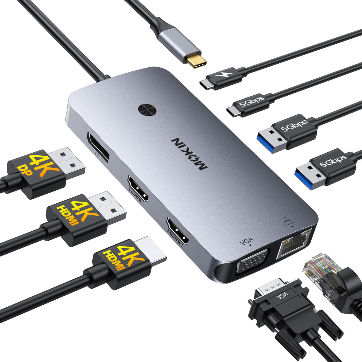 MOKiN USB-C Docking Station 9-in-1 mit Dual HDMI 4K, DisplayPort, VGA – Multiport-Adapter für Laptops