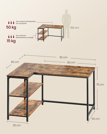VASAGLE Eckschreibtisch L-Form mit Ablage, 110 x 80 cm, vintagebraun