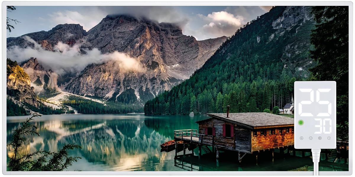 Heidenfeld HF-HP105 Infrarotheizung - 1000W Bergsee. Flaches, rechteckiges Panel mit Bergsee-Motiv zur Raumbeheizung mittels Infrarotstrahlen.