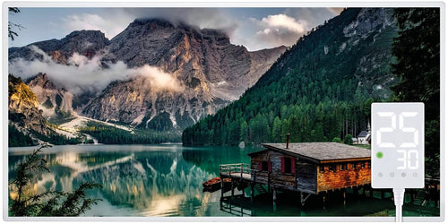 Heidenfeld HF-HP105 Infrarotheizung - 1000W Bergsee. Flaches, rechteckiges Panel mit Bergsee-Motiv zur Raumbeheizung mittels Infrarotstrahlen.