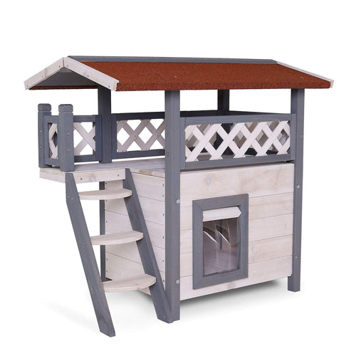 lionto Katzenhaus Outdoor mit Terrasse & Treppe - grau/weiss, grau-weisses Katzenhaus mit Terrasse und Treppe. Bietet geschützten Outdoor-Rückzugsort für Katzen.