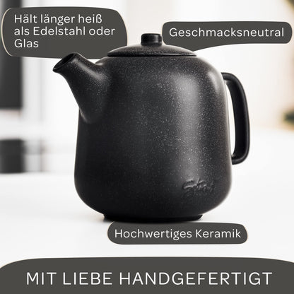 STEINZEIT Design Teekanne Keramik 1,3 L mit Edelstahlsieb, schwarz