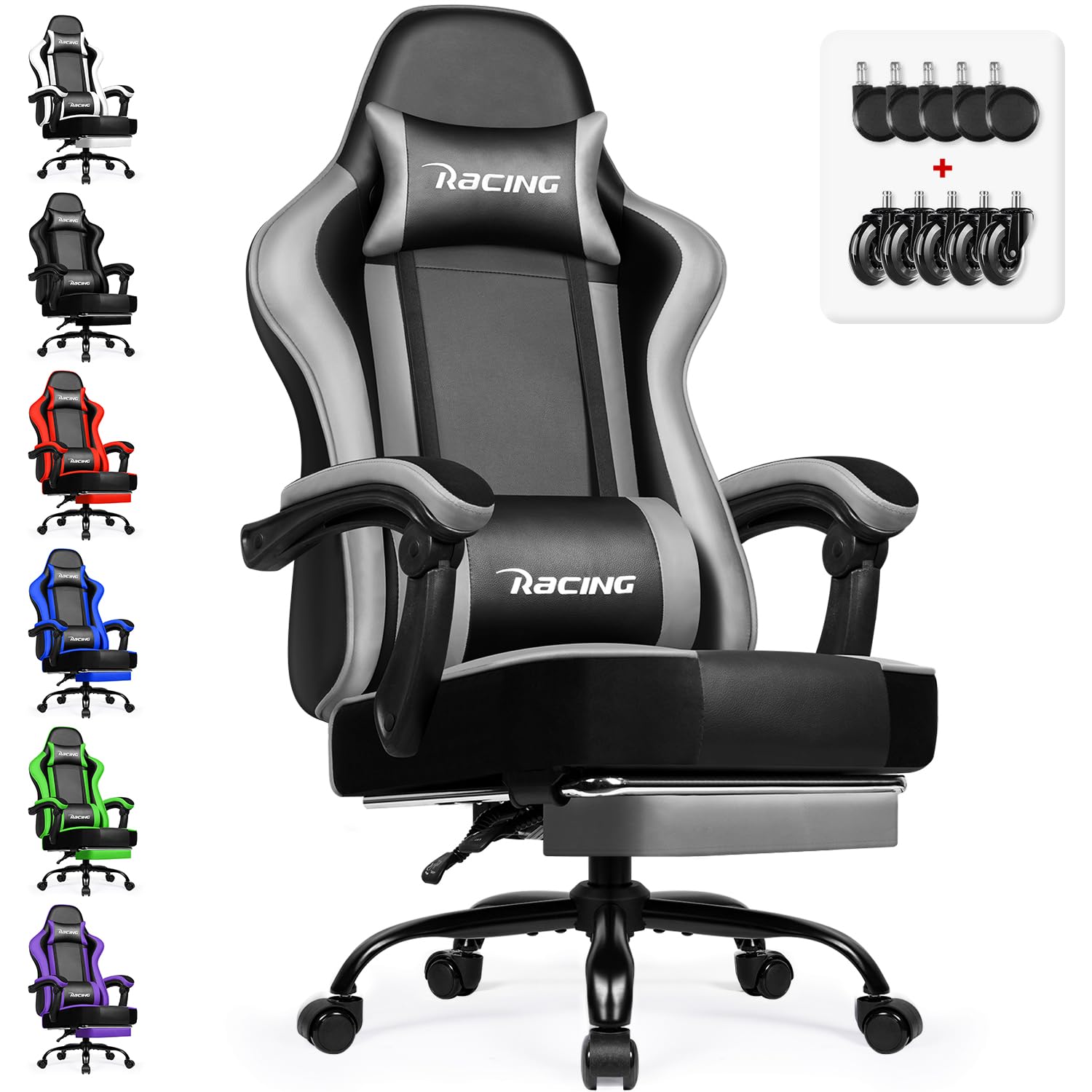 minnouat Gaming Stuhl ergonomisch mit Fussstütze, Kunstleder, Grau, hohe Rückenlehne und Kopfkissen