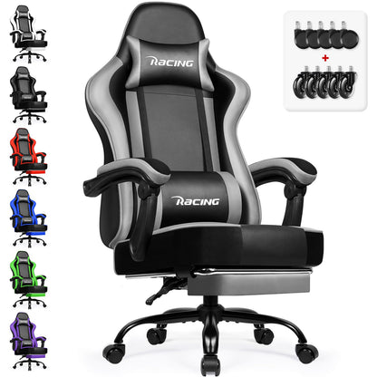minnouat Gaming Stuhl ergonomisch mit Fussstütze, Kunstleder, Grau, hohe Rückenlehne und Kopfkissen