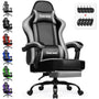 minnouat Gaming Stuhl ergonomisch mit Fussstütze, Kunstleder, Grau, hohe Rückenlehne und Kopfkissen