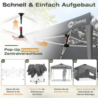 Sekey Pop Up Pavillon 3x3 m, wasserdicht, mit Seitenwänden, grau