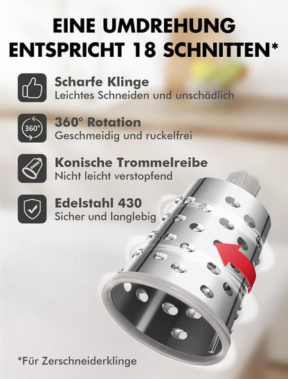 Geedel Käsereibe, Gemüseschneider mit Kurbel und 4 Klingen, Weiss