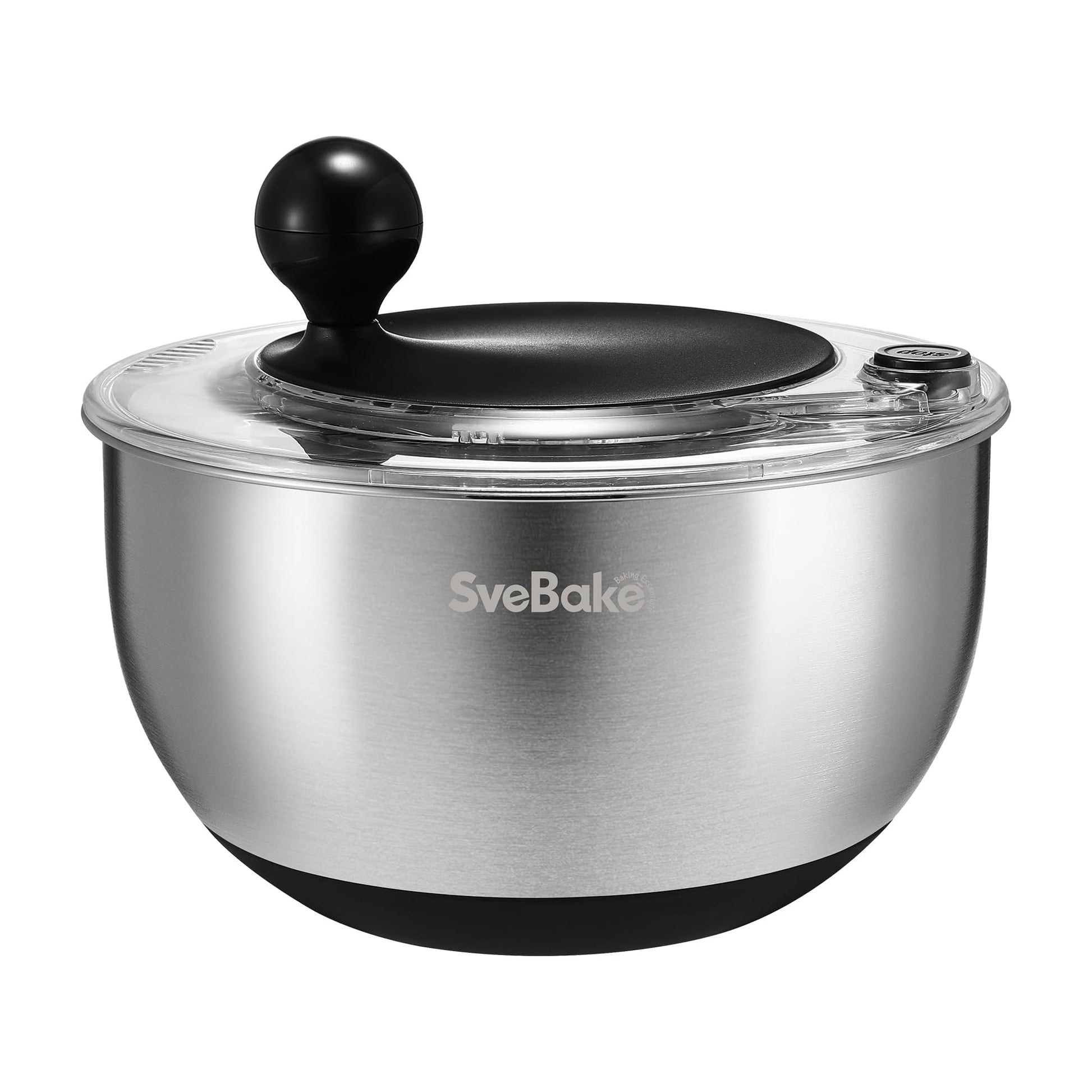 SveBake Salatschleuder Edelstahl 5L mit Stopptaste und Abflussloch, transparenter Deckel, Silikonunterseite