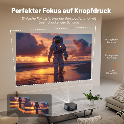 Smart Android 4K Heimkino Beamer mit Netflix, Remote Fokus