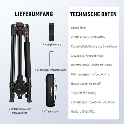 NEEWER Basics TP14B Reisestativ mit Kugelkopf, 182 cm, bis 6 kg