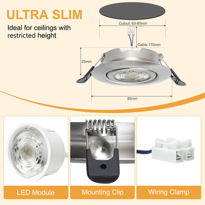 Aulaiyi LED Einbaustrahler 230V dimmbar IP44 schwenkbar Nickel 6er Set