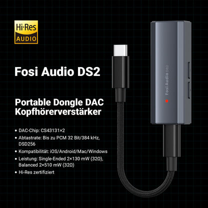 Fosi Audio DS2 Kopfhörerverstärker DAC – Tragbar, USB-C, Dual-Ausgang
