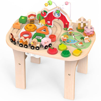 Montessori Holz Aktivitätstisch Farm Lernspielzeug Natur. Bunter Holztisch mit Farm-Motiven fördert Feinmotorik und Wissen.