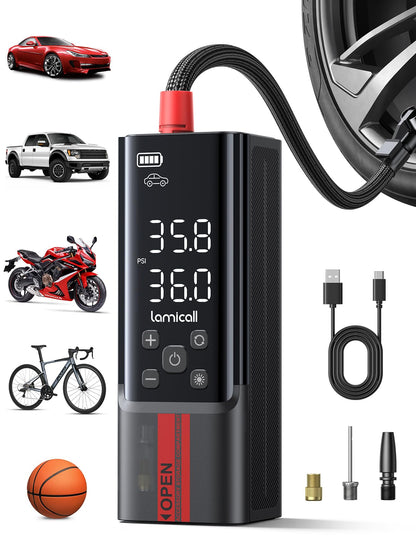 Lamicall Akku Luftpumpe 150PSI – Upgrade Metallzylinder, kompaktes, graues Metallgehäuse. Zum kabellosen Aufpumpen von Fahrzeugreifen und Sportbällen.