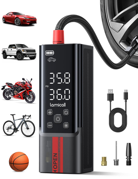Lamicall Akku Luftpumpe 150PSI – Upgrade Metallzylinder, kompaktes, graues Metallgehäuse. Zum kabellosen Aufpumpen von Fahrzeugreifen und Sportbällen.