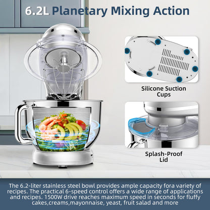 CHeflee Küchenmaschine Teigmaschine 2000W Knetmaschine,Mit 6.2L EdelstahlschüSsel,6 Geschwindigkeit Reduzierte GeräUsche,Mit RüHrbesen,RüHrhaken,SpritzwassergeschüTzter Knetmaschine Mit Knethaken
