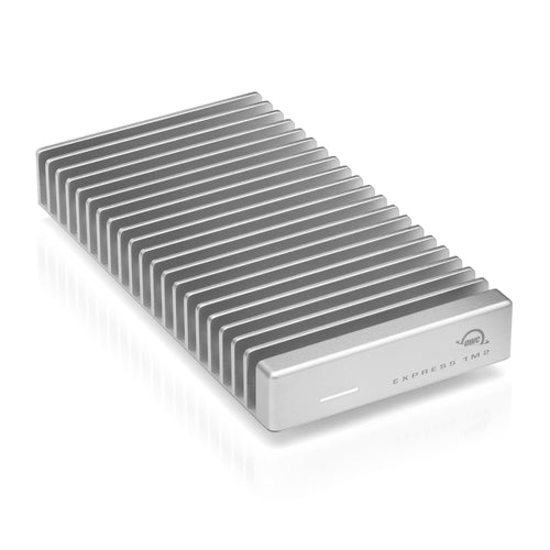 OWC Express 1M2 NVMe SSD Gehäuse Thunderbolt USB4. Rechteckiges, schwarzes Gehäuse zur externen Nutzung von NVMe SSDs via Thunderbolt/USB4.
