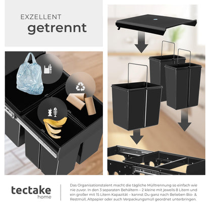 tectake Mülltrennsystem Einbau 3 Fächer (2x 8L + 15L)