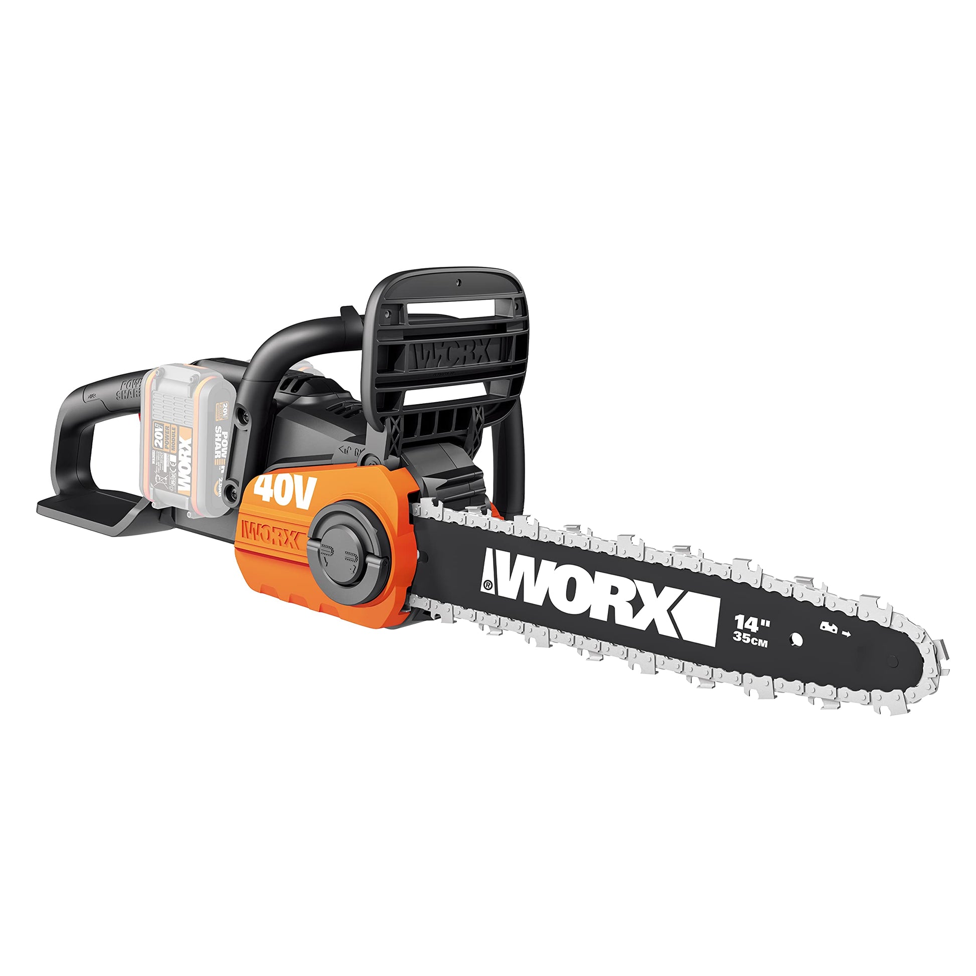 WORX WG384E.9 Akku-Kettensäge: Kompakte, 40V bürstenlose Motorsäge mit Schwert und Kette zum kabellosen Holzschneiden.