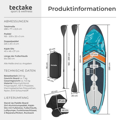 tectake® SUP Paddle Board aufblasbar Set - türkis/orange