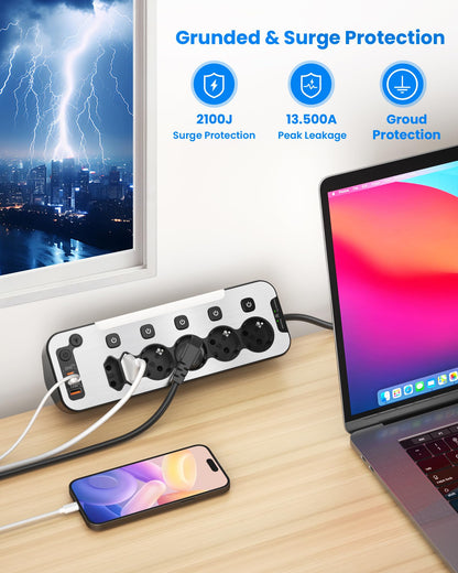HoniHom Tischsteckdose 6-fach mit USB-C PD 20W, einzeln schaltbar